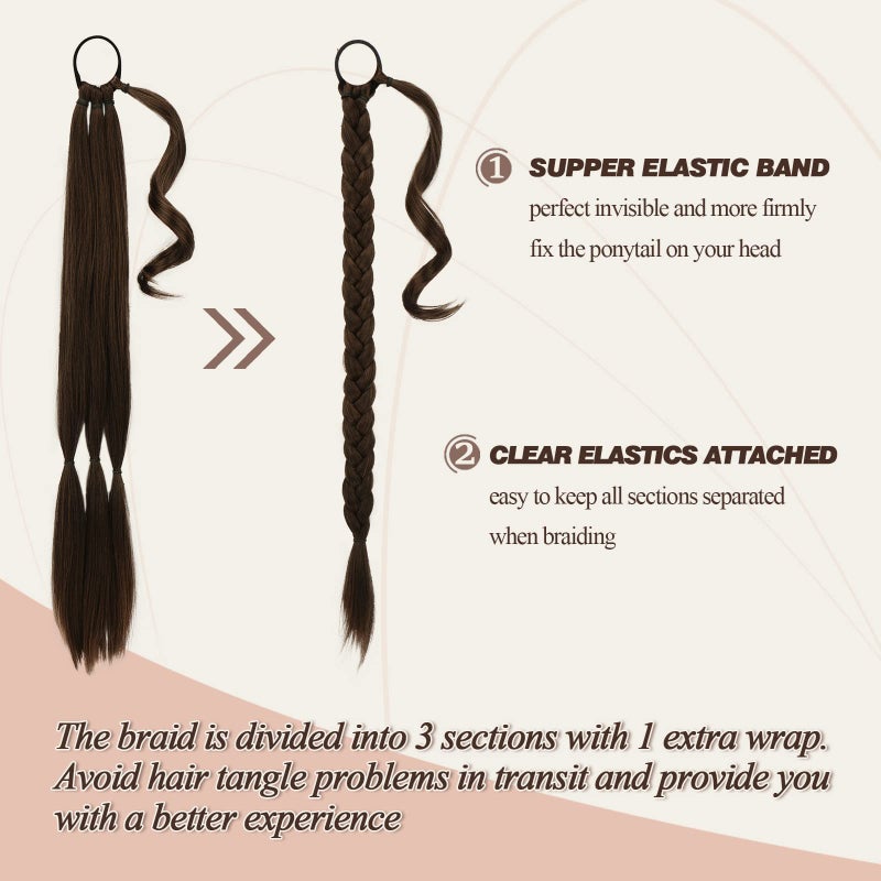 BARSDAR 26 Inch Long Braided Ponytail Extension with Hair Tie - Straight Sleek Wrap Around Brown Braided Ponytail Hair Extensions - Synthetic Pony Tails Hairpieces for Women - Brunette Brown - Image 2