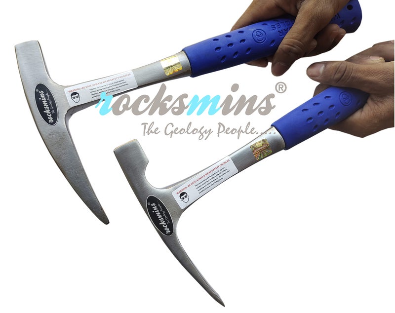 Rocksmins Geology Geological Hammer Blue Chisel & Pointed Set Both (2 Pcs) Imported 900-925gm Approx 12" each with Shock Proof Rubber Grip Handle Geologist Metal Finish for Geologists Mining Brick - Image 2