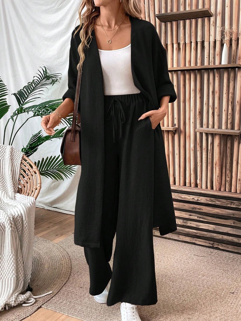 Women's Casual Two-Piece Set: Long Cardigan & Wide-Leg Pants, Loose Fit, Spring/Autumn