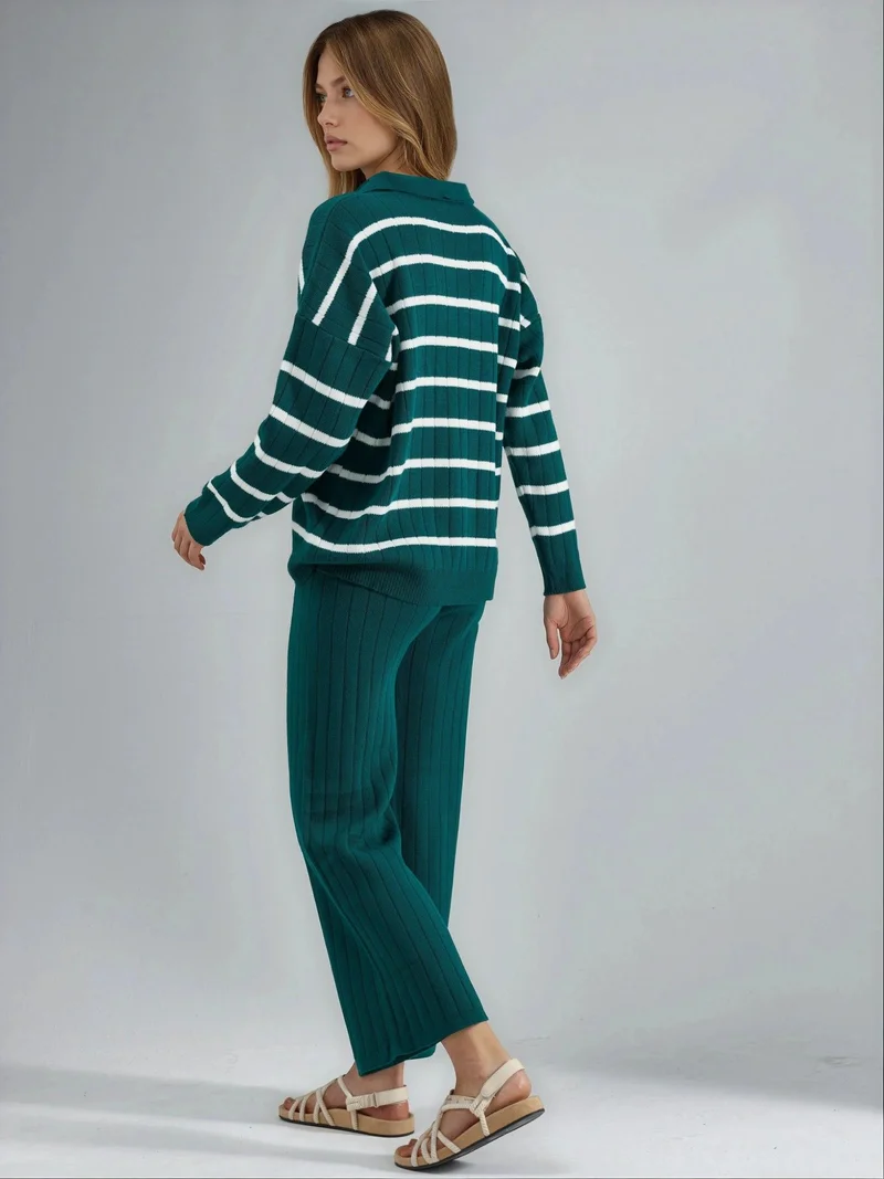 MY FASHION Sacramento Green MY FASHION Striped Knit Co-ord Set with Polo Collar for Women | Best Price UAE