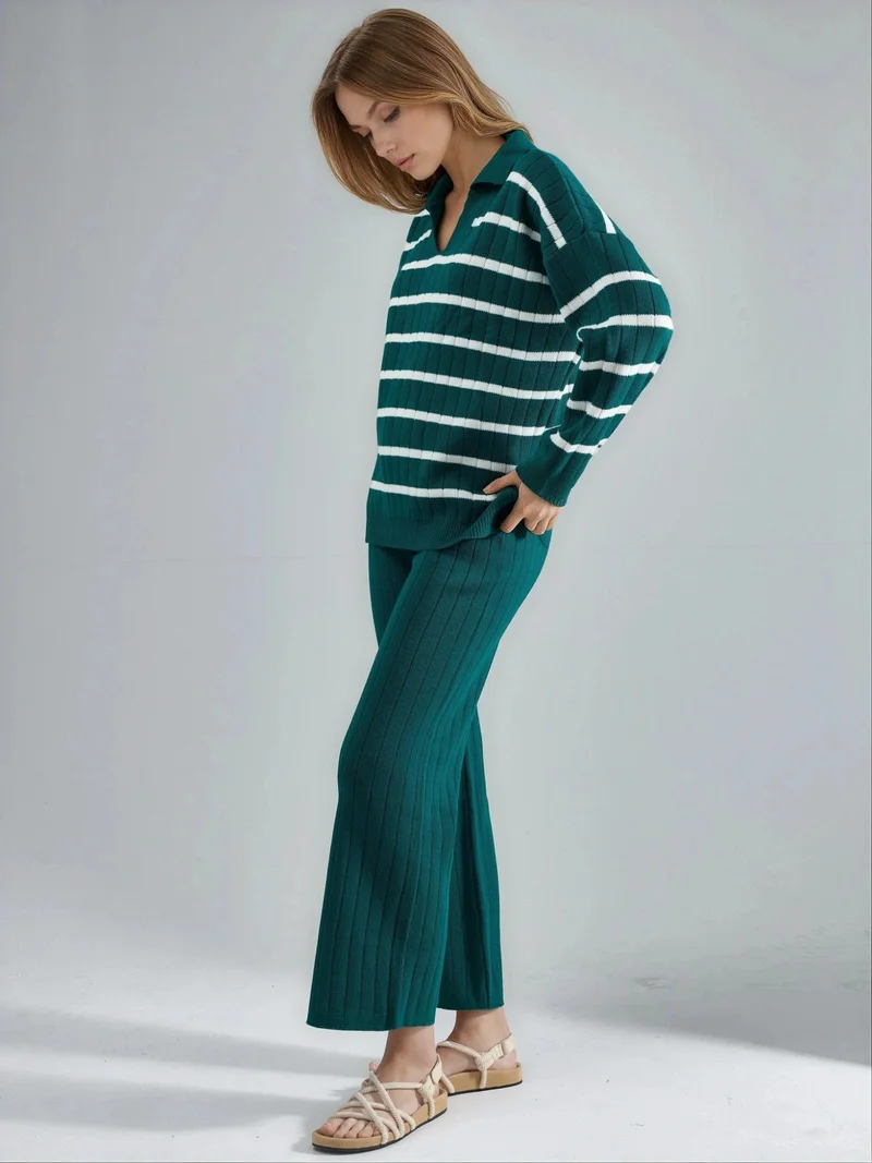 MY FASHION Sacramento Green MY FASHION Striped Knit Co-ord Set with Polo Collar for Women | Best Price UAE