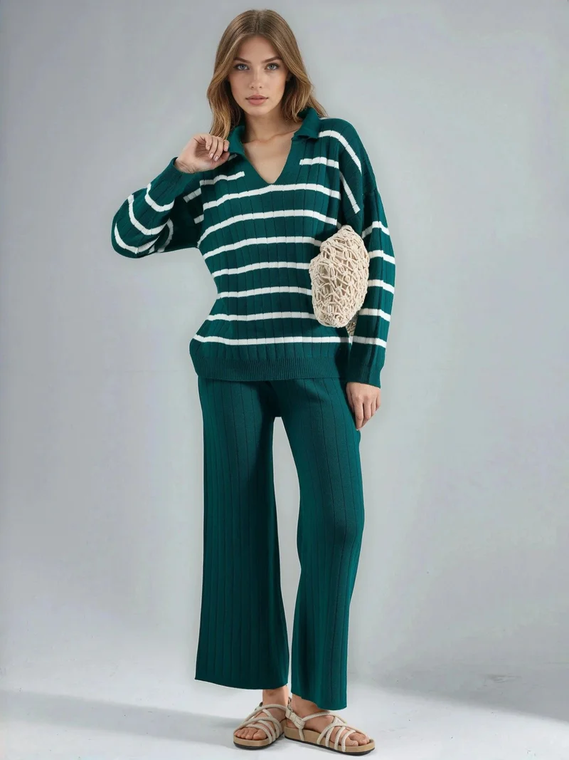 MY FASHION Striped Knit Co-ord Set with Polo Collar
