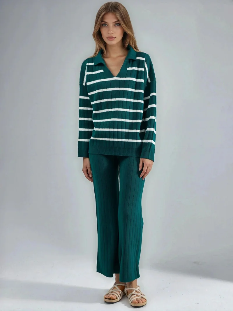 MY FASHION Sacramento Green MY FASHION Striped Knit Co-ord Set with Polo Collar for Women | Best Price UAE