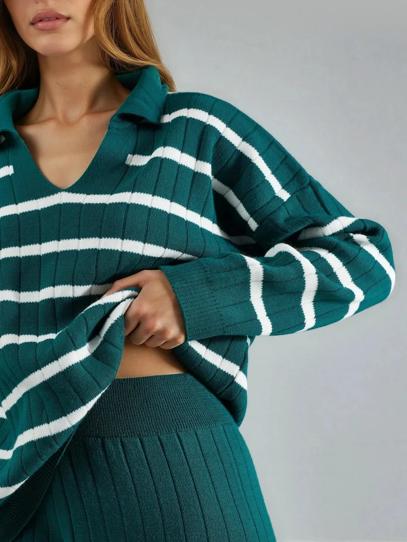 MY FASHION Sacramento Green MY FASHION Striped Knit Co-ord Set with Polo Collar for Women | Best Price UAE