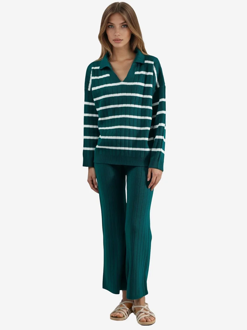 MY FASHION Striped Knit Co-ord Set with Polo Collar