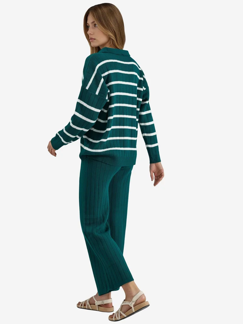 My Fashion Sacramento Green MY FASHION Striped Knit Co-ord Set with Polo Collar for Women | Best Price UAE