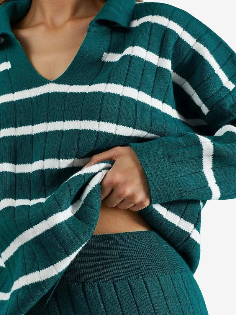 My Fashion Sacramento Green MY FASHION Striped Knit Co-ord Set with Polo Collar for Women | Best Price UAE