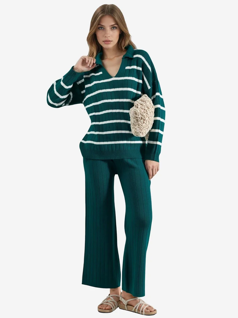 My Fashion Sacramento Green MY FASHION Striped Knit Co-ord Set with Polo Collar for Women | Best Price UAE