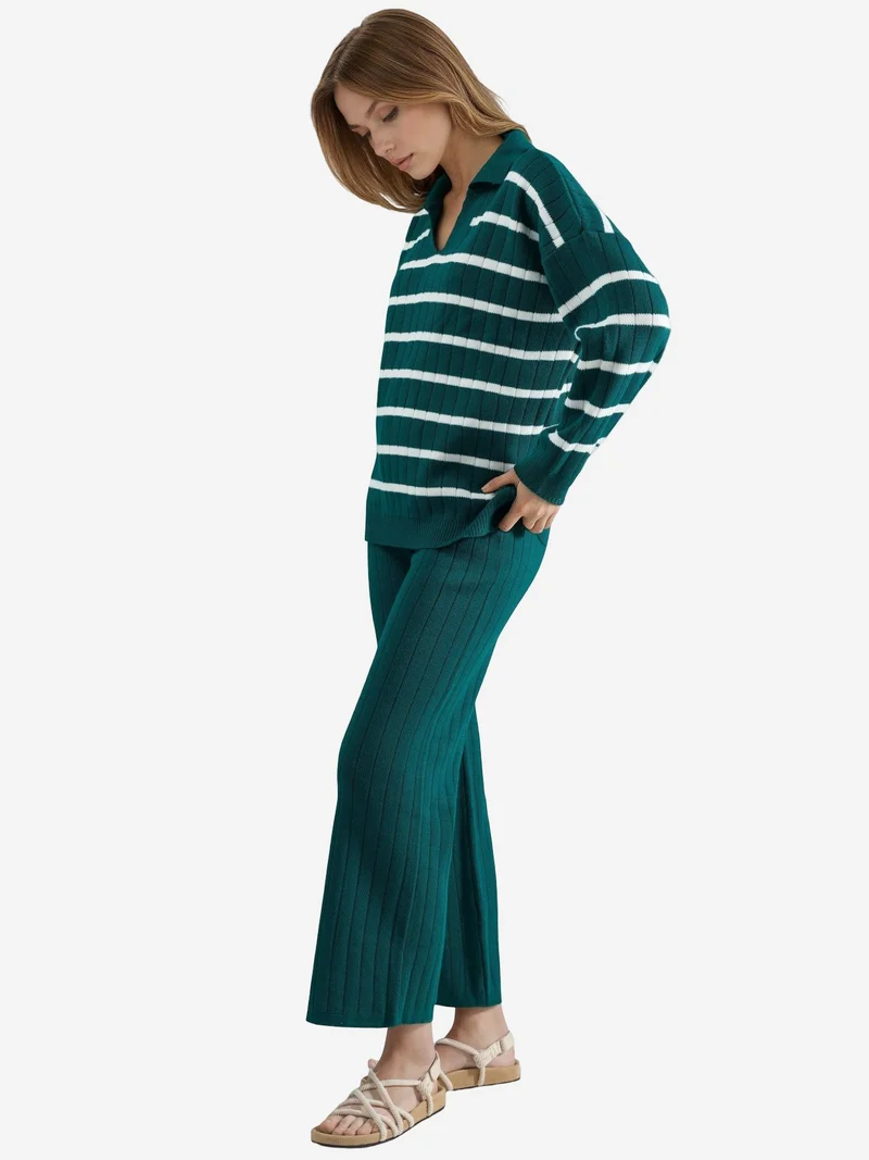 My Fashion Sacramento Green MY FASHION Striped Knit Co-ord Set with Polo Collar for Women | Best Price UAE