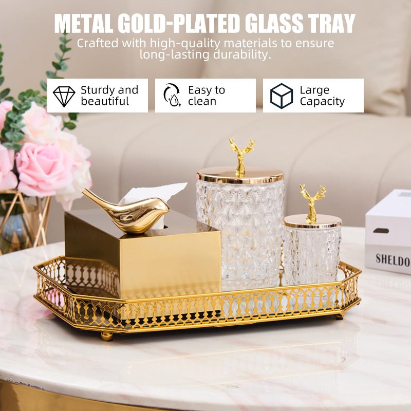 WANYISHUN Vintage Gold Mirror Tray, Modern Luxury Perfume Decorative Tray with Hollow Design, Elegant Glass Display Storage Organizer, Rectangle 7.1"x11.4", for Coffee Table, Entryway, Bathroom - Image 2