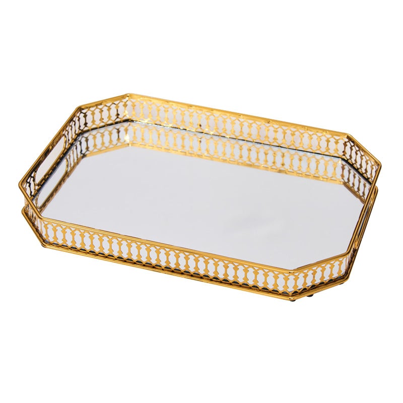 WANYISHUN Vintage Gold Mirror Tray, Modern Luxury Perfume Decorative Tray with Hollow Design, Elegant Glass Display Storage Organizer, Rectangle 7.1"x11.4", for Coffee Table, Entryway, Bathroom - Image 1