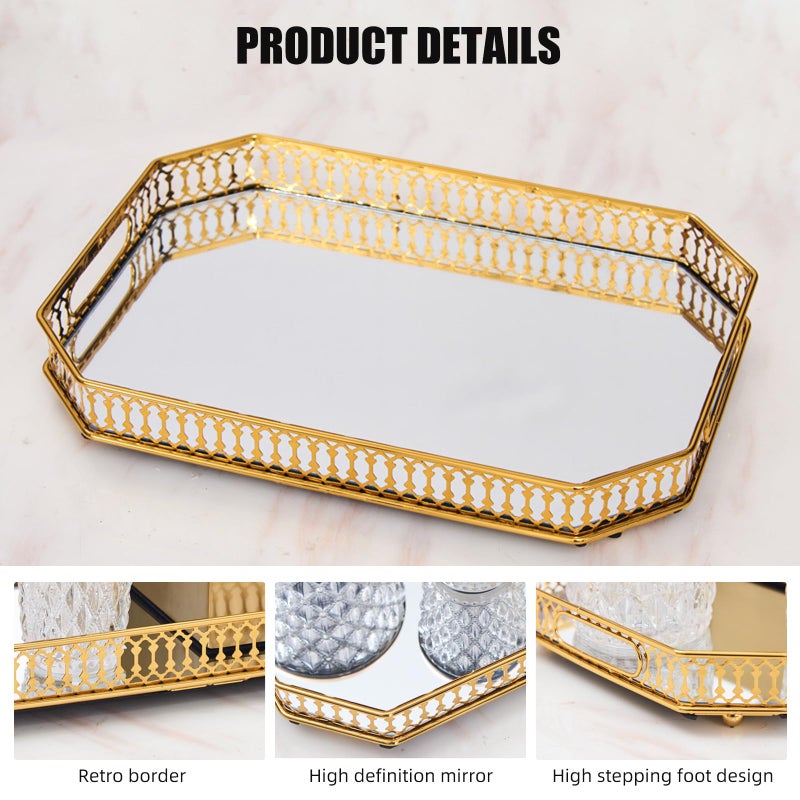 WANYISHUN Vintage Gold Mirror Tray, Modern Luxury Perfume Decorative Tray with Hollow Design, Elegant Glass Display Storage Organizer, Rectangle 7.1"x11.4", for Coffee Table, Entryway, Bathroom - Image 3