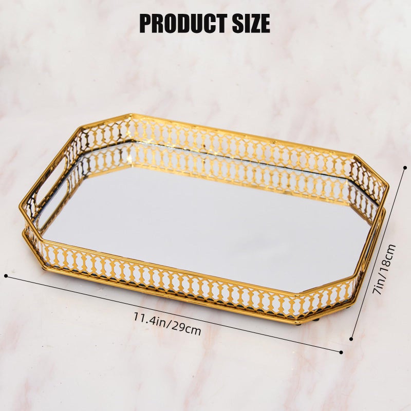 WANYISHUN Vintage Gold Mirror Tray, Modern Luxury Perfume Decorative Tray with Hollow Design, Elegant Glass Display Storage Organizer, Rectangle 7.1"x11.4", for Coffee Table, Entryway, Bathroom - Image 5