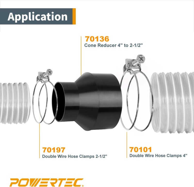 POWERTEC 70352 4" Hose to 2-1/2" Hose Cone Reducer with 4" & 2-1/2" Double Wire Clamps - Image 4