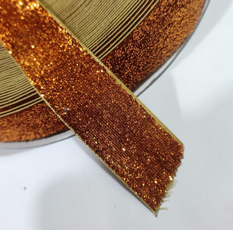 OMX Roll of Golden Copper Sparkle Glitter Ribbon Patti Lace 18 Meters Border with 25 cm Width Saree Border Party Decoration Craftwork