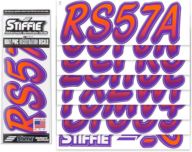 Stiffie Whipline Orange/Purple 3" Boat & PWC Registration Decals • Numbers Letters Stickers - Image 2