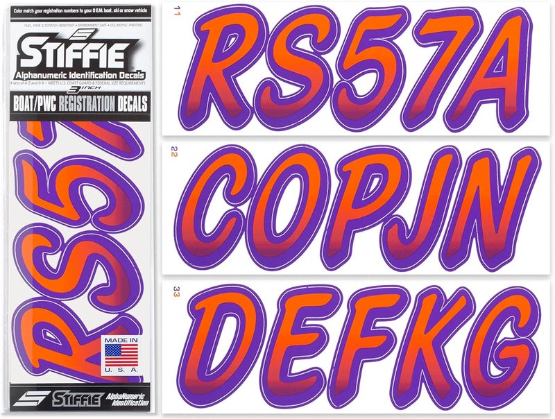 Stiffie Whipline Orange/Purple 3" Boat & PWC Registration Decals • Numbers Letters Stickers - Image 1