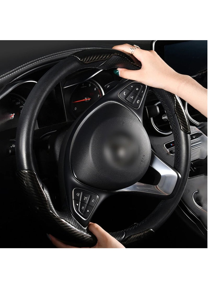 Yuwell Carbon Fiber Steering Wheel Cover For Unisex Safe And Non Slip Car Steering Cover Universal Fit Car Steering Wheel Protector Carbon Texture For Auto Truck Van SUV Black  - Image 2