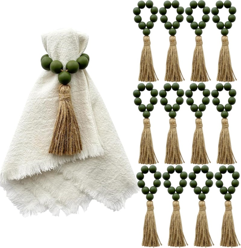 Napkin Rings Set of 12,Olive Green Wooden Napkin Rings,Wood Bead Elastic Farmhouse Napkin Ring with Tassel,Boho Napkin Holder for Table Decor,Weeding,Dinner,Party(Olive Green)