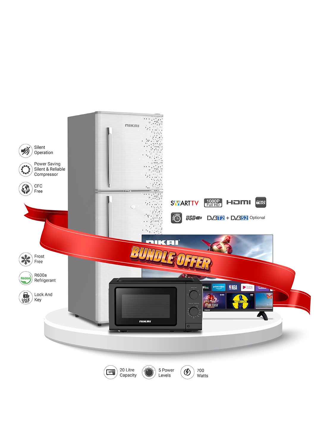 Bundle 200L Double Door Refrigerator (NRF200FSS) + 32 Inch Smart LED TV (NTV3200SLED) + Microwave 20L (NMO919AX) 200 L 113 W NRF200DN3M+NTV+NMO Silver