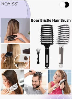 roaiss Boar Bristle Hair Brush 2 Pack Set Dry/Wet Hair Brush Detangler for Fine, Thick, Curly Hair Curved and Vented Hair Brush for Women, Men with Comb Cleaning Claw (Black and White)  - Image 1