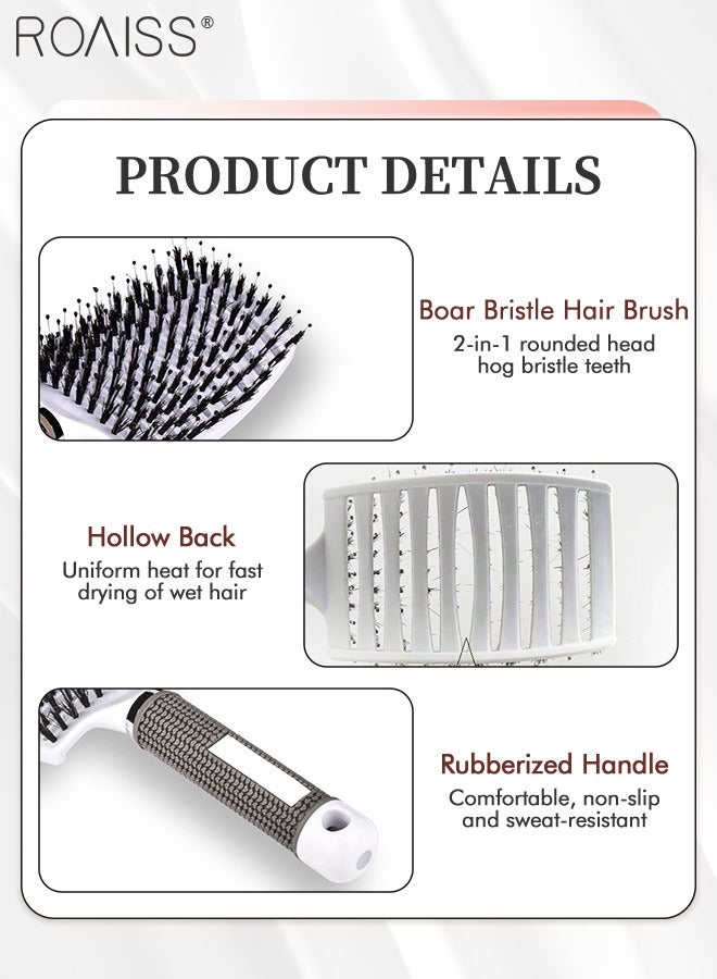 رويس مجموعة فرشاة شعر بشعيرات الخنزير مكونة من قطعتين، فرشاة شعر جافة/رطبة لفك تشابك الشعر الناعم والسميك والمجعد، فرشاة شعر منحنية ومهواة للنساء والرجال مع مشط تنظيف المخالب (أسود وأبيض) - Image 3