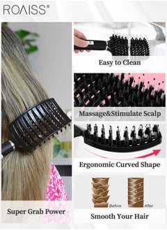 roaiss Boar Bristle Hair Brush 2 Pack Set Dry/Wet Hair Brush Detangler for Fine, Thick, Curly Hair Curved and Vented Hair Brush for Women, Men with Comb Cleaning Claw (Black and White)  - Image 5