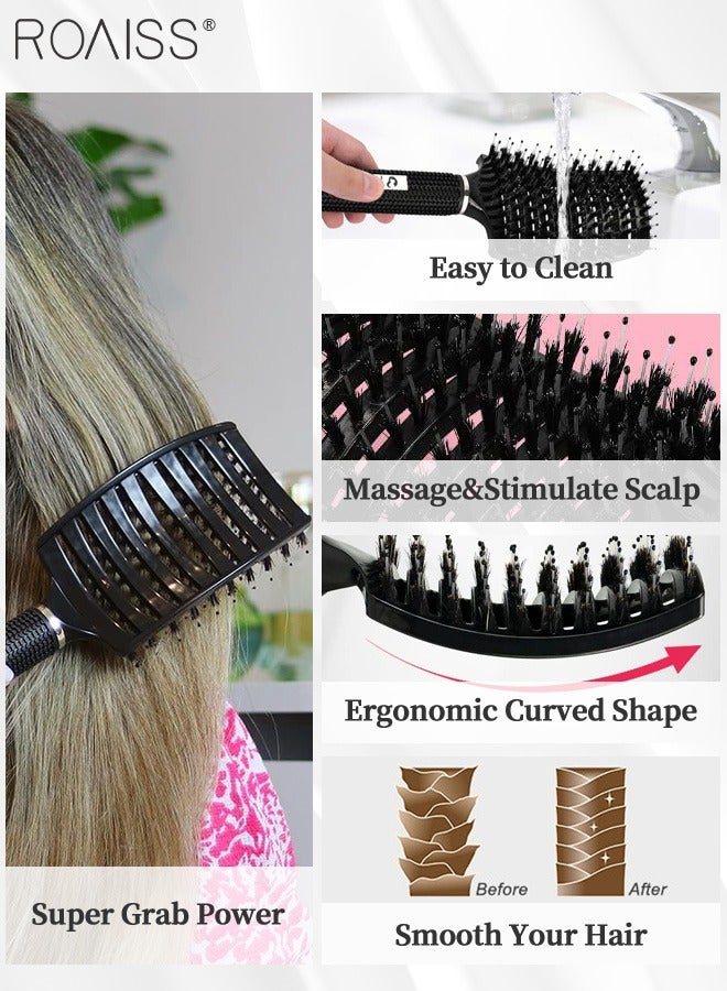 رويس مجموعة فرشاة شعر بشعيرات الخنزير مكونة من قطعتين، فرشاة شعر جافة/رطبة لفك تشابك الشعر الناعم والسميك والمجعد، فرشاة شعر منحنية ومهواة للنساء والرجال مع مشط تنظيف المخالب (أسود وأبيض) - Image 5