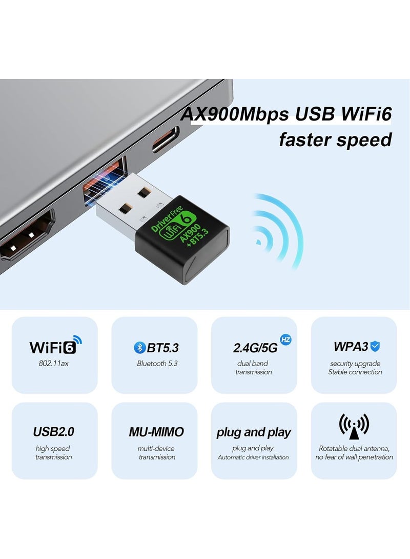 AX900Mbps WiFi 6 and Bluetooth 5.3 Combo Adapter Dual Band 5/2.4Ghz Wireless Network External USB Wi-Fi Receiver for Laptop/PC/Desktop 4dBi Antenna Compatible with  PC/Laptop/Desktop - Image 2