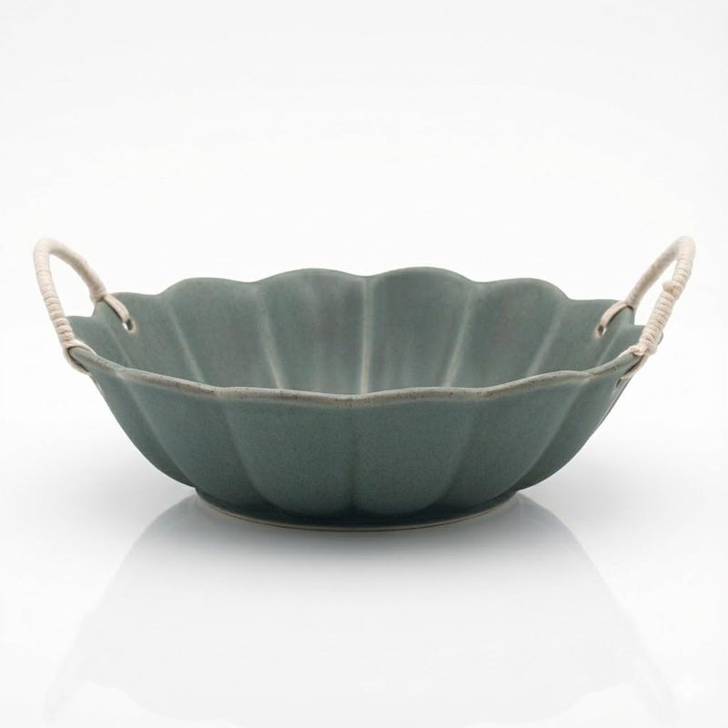 Amitofo 9.5 Inch Scalloped Shell-Shaped Ceramic Bowl with Rope Handles,Green Retro Rural Style Glazed Serving Bowl for Fruit, Salad, and Home Decor - Image 1