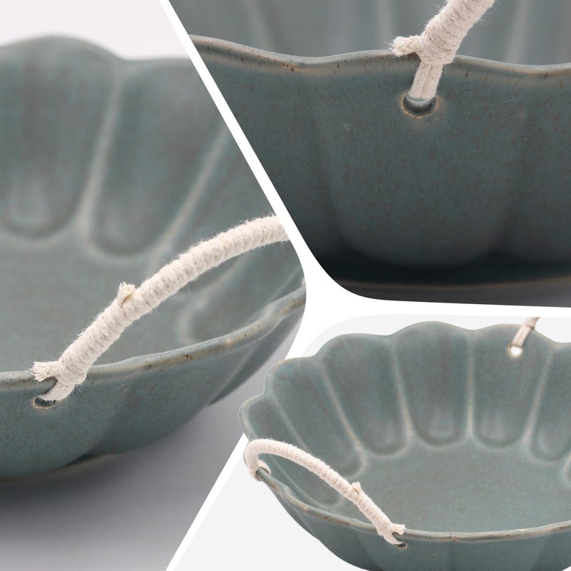 Amitofo 9.5 Inch Scalloped Shell-Shaped Ceramic Bowl with Rope Handles,Green Retro Rural Style Glazed Serving Bowl for Fruit, Salad, and Home Decor - Image 5