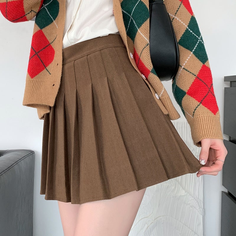 Khaki Pleated Skirt Womens 2024 Autumn and Winter New Arrival Skirt High Waist Slimming A- Line Skirt All-Match Woolen Skirt Wool deep khakis
