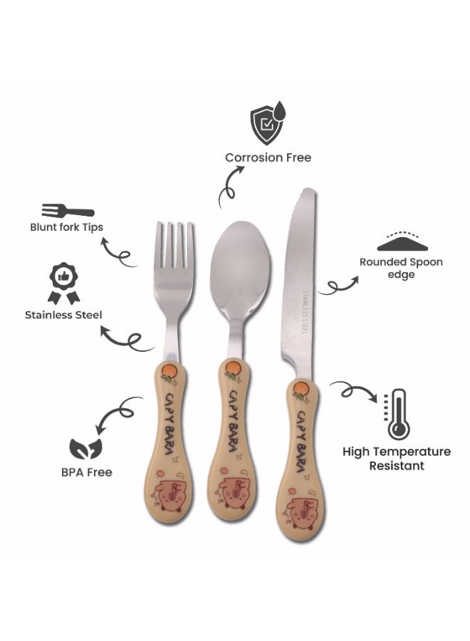CRAVISTA Capy Bara Design Kids Cutlery Set with Case - 3-Piece Stainless Steel BPA Free Cutlery Set Includes Spoon, Fork, Knife and Case for Lunch Box, Picnic and Travel (Brown - Hi) - Image 2