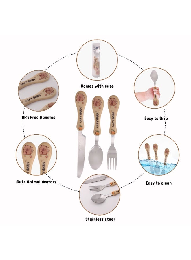 CRAVISTA Capy Bara Design Kids Cutlery Set with Case - 3-Piece Stainless Steel BPA Free Cutlery Set Includes Spoon, Fork, Knife and Case for Lunch Box, Picnic and Travel (Brown - Hi) - Image 3