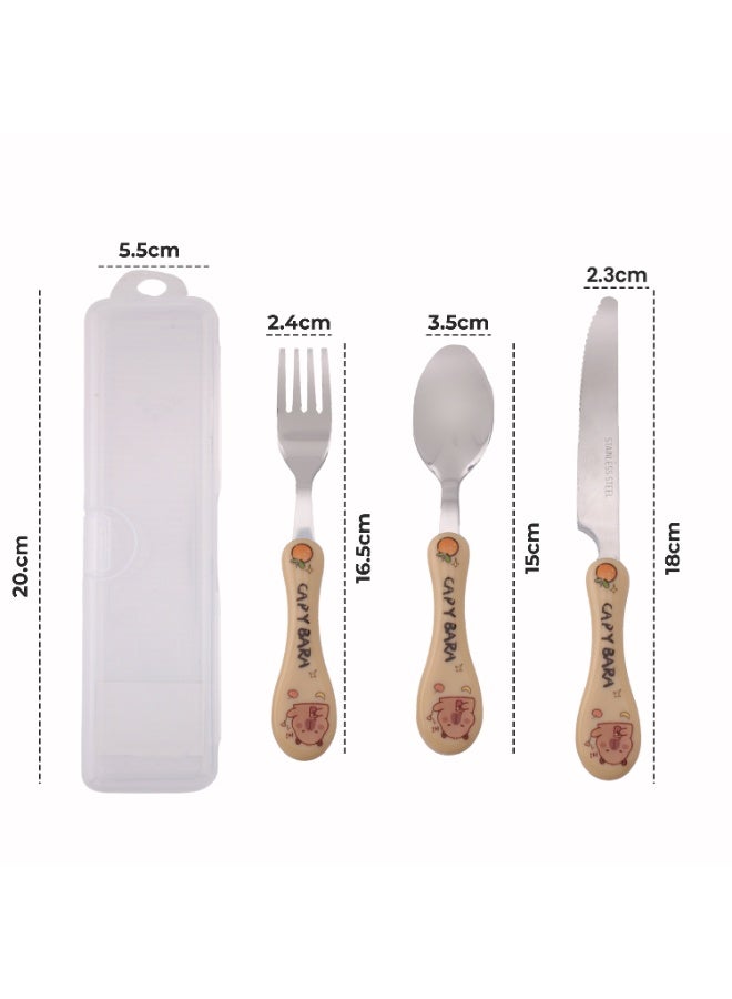 CRAVISTA Capy Bara Design Kids Cutlery Set with Case - 3-Piece Stainless Steel BPA Free Cutlery Set Includes Spoon, Fork, Knife and Case for Lunch Box, Picnic and Travel (Brown - Hi) - Image 4