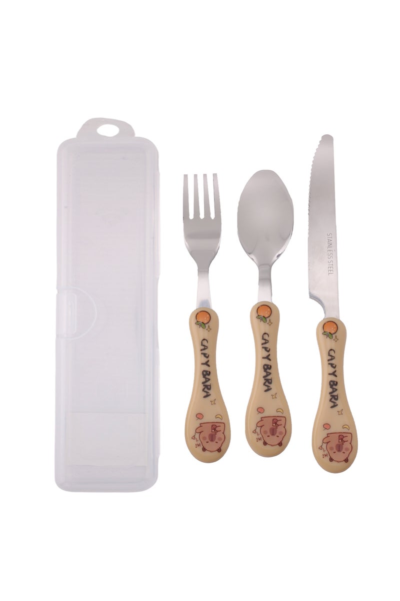 CRAVISTA Capy Bara Design Kids Cutlery Set with Case - 3-Piece Stainless Steel BPA Free Cutlery Set Includes Spoon, Fork, Knife and Case for Lunch Box, Picnic and Travel (Brown - Hi) - Image 1