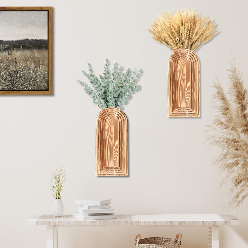 Dnnnii 2 Pack Wooden Wall Vase Set - Brown Finish Modern Farmhouse & Boho Wall Decor for Entryway, Hallway, Bathroom, Living Room, Dining Room, Narrow Spaces - Image 5