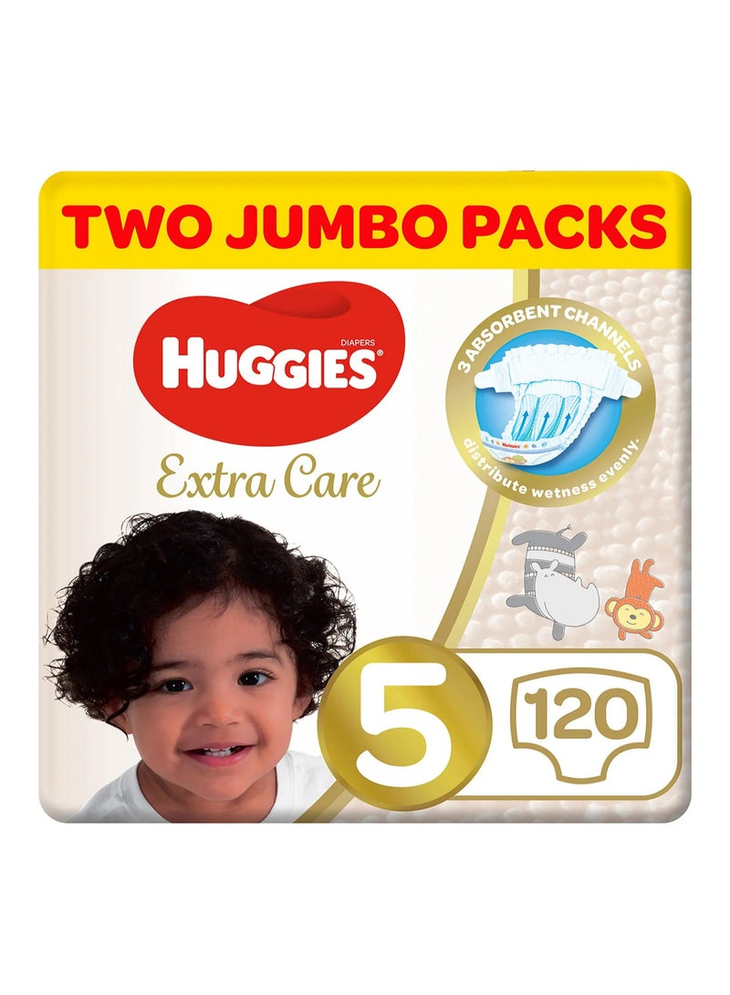 Huggies Extra Care Tape Stye Diapers, 120 Pieces Twin Jumbo Pack, Size 5, 12-22kg - 12h Protection, Dermatologist Approved, Breathable - Image 1