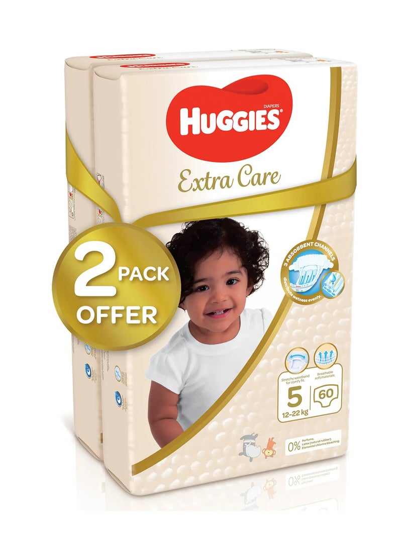 Huggies Extra Care Tape Stye Diapers, 120 Pieces Twin Jumbo Pack, Size 5, 12-22kg - 12h Protection, Dermatologist Approved, Breathable - Image 2