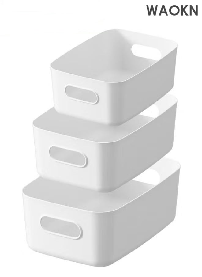 دبليو أيه أو كي أن ٣ قطع من سلال تنظيم وتخزين المؤن بمقابض، صناديق تنظيم المؤن، صناديق تخزين بيضاء، صناديق تخزين بلاستيكية، صناديق تنظيم بلاستيكية للمؤن، منظمات وصناديق تخزين أسفل الحوض. تنظيم وتخزين لمنزل متعدد الاستخدامات، حاويات قابلة للتعديل للمكتب والمطبخ والحمام (٣ أحجام: صغير، متوسط، كبير) - Image 4