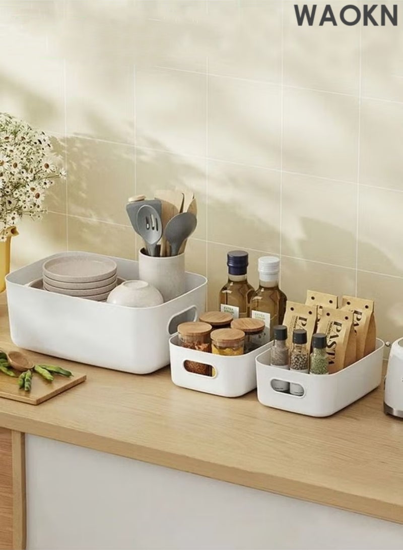 دبليو أيه أو كي أن ٣ قطع من سلال تنظيم وتخزين المؤن بمقابض، صناديق تنظيم المؤن، صناديق تخزين بيضاء، صناديق تخزين بلاستيكية، صناديق تنظيم بلاستيكية للمؤن، منظمات وصناديق تخزين أسفل الحوض. تنظيم وتخزين لمنزل متعدد الاستخدامات، حاويات قابلة للتعديل للمكتب والمطبخ والحمام (٣ أحجام: صغير، متوسط، كبير) - Image 2