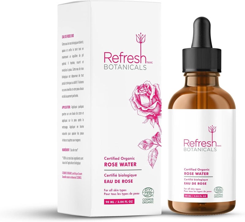 REFRESH BOTANICALS Organic Rose Water by Refresh Botanicals  ECOCERT Cosmos Certified  for All Skin Types  Rose Water for Face  AlcoholFree Chemicals Free  Product of Canada  90 ml 