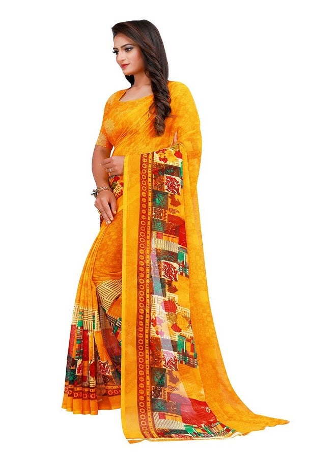 Florence Florence Women's Yellow Georgette Graphic Print Printed Saree With Unstithed Blouse(FL-Georgette10-N, Free Size)  - Image 2