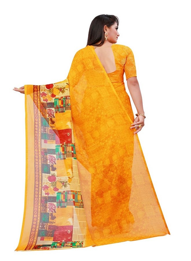 Florence Florence Women's Yellow Georgette Graphic Print Printed Saree With Unstithed Blouse(FL-Georgette10-N, Free Size)  - Image 3