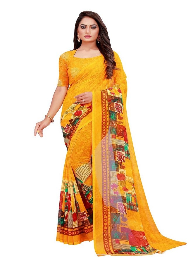 Florence Florence Women's Yellow Georgette Graphic Print Printed Saree With Unstithed Blouse(FL-Georgette10-N, Free Size)  - Image 1