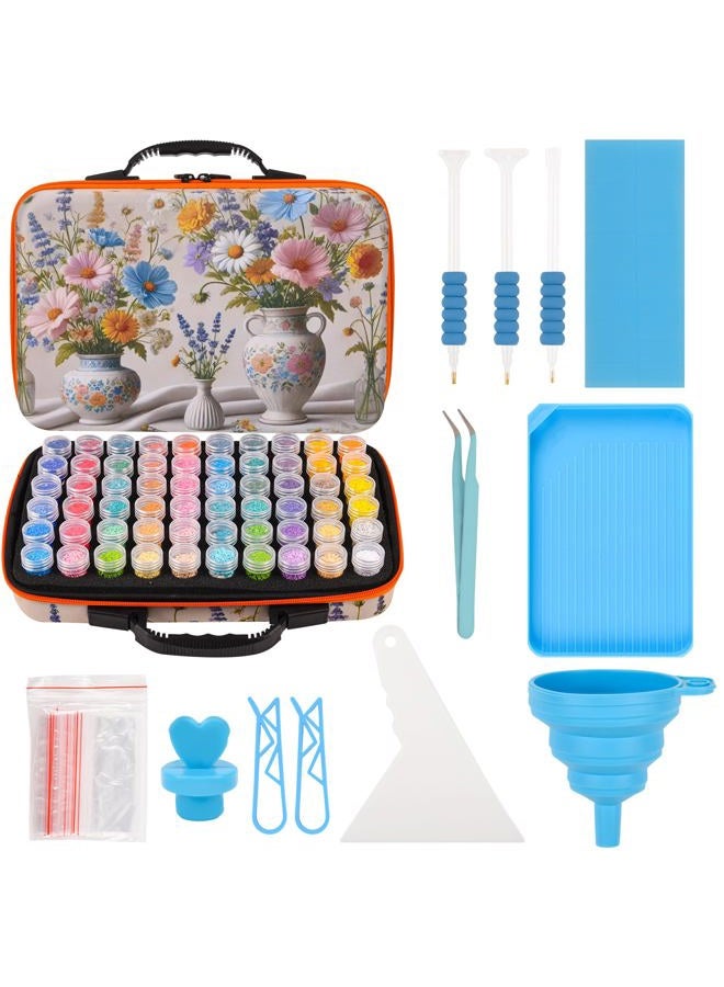MERATIA 60 Slots Diamond Painting Storage Container, Diamond Art Kits for Adults Stackable Bead Organizer with Carrying Handle, Craft Storage Box with Accessories (Ceramic Garden-60 Slots) - Image 1