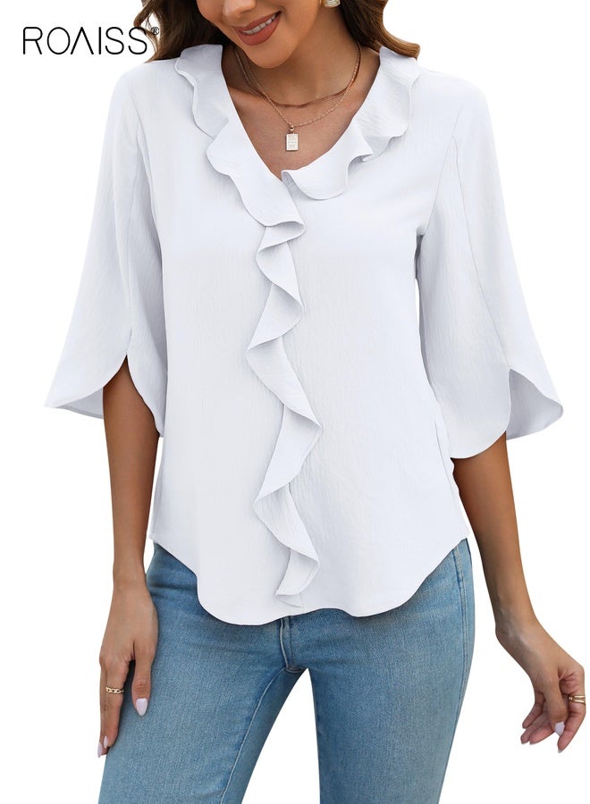 رويس بلوزات نسائية أنيقة كاجوال بأكمام 3/4 ورقبة على شكل حرف V وبلوزات مكشكشة، قميص عمل صيفي عصري للسيدات، بلوفر غير منتظم، لون سادة أبيض - Image 1