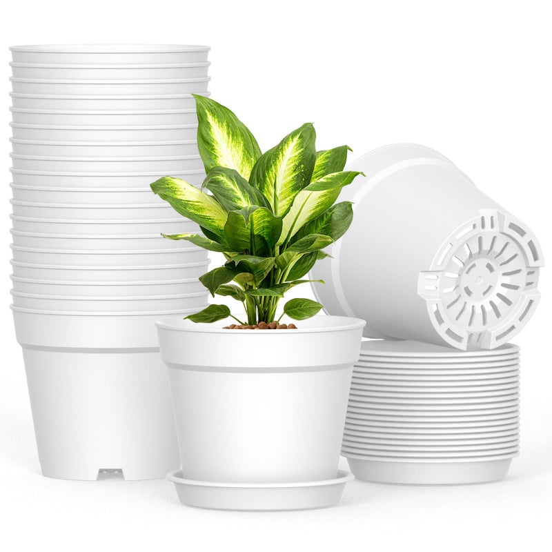 SwinDuck 20 Pack 6 Inch Plant Pots with Drainage and Saucers, White Plastic Flower Pots for Indoor and Outdoor Plants, Stackable Nursery Planters for Houseplants and Herbs, White - Image 1