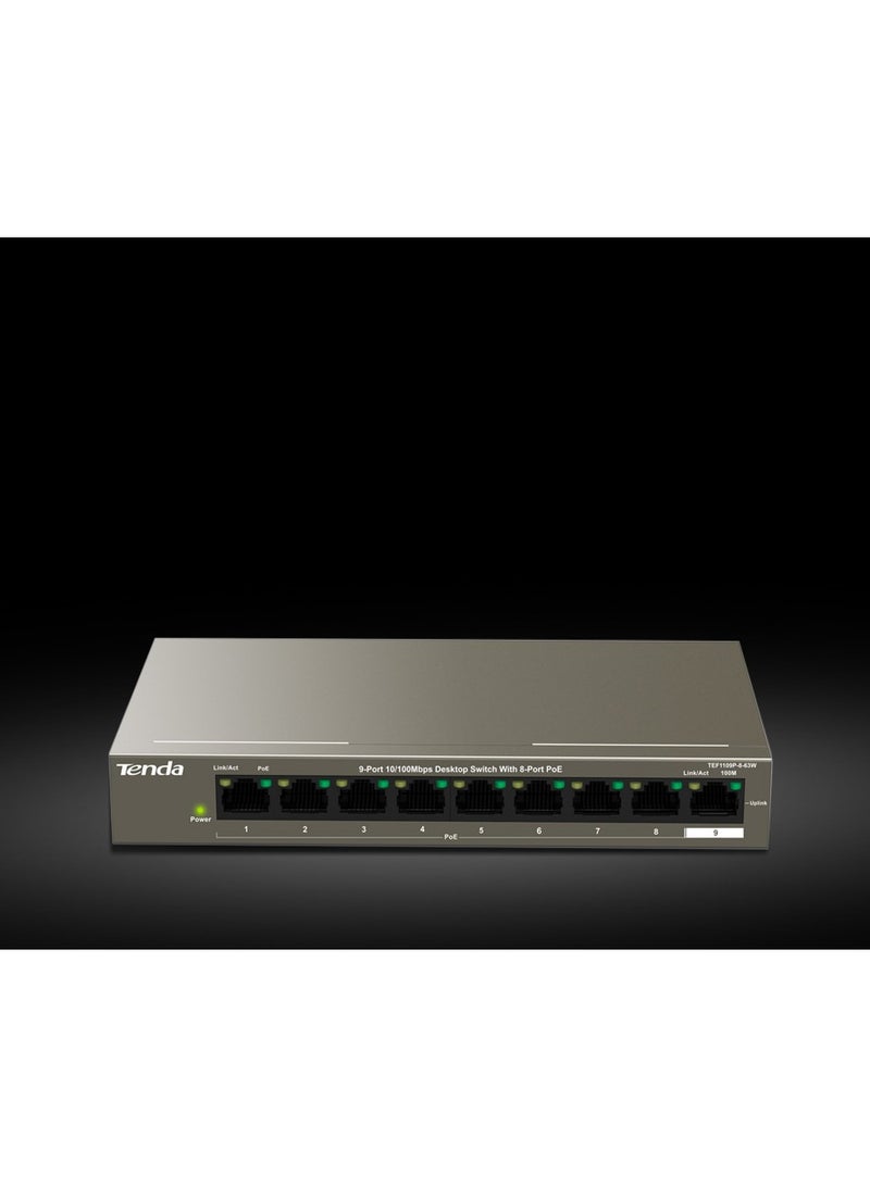 Tenda Tef1109P-8-63W 9-Port 10,100 Unmanaged PoE Switch / 250 Meters Transmission / 6Kv Lightning Protection / Outstanding PoE Power Supply - Cable Type Cat5 Or Higher bronze - Image 4