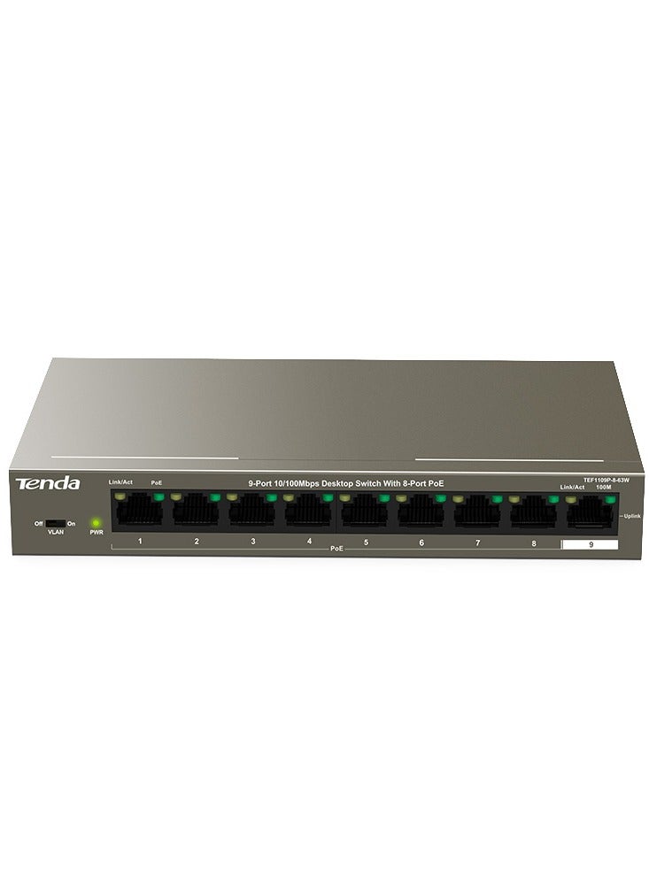 Tenda Tef1109P-8-63W 9-Port 10,100 Unmanaged PoE Switch / 250 Meters Transmission / 6Kv Lightning Protection / Outstanding PoE Power Supply - Cable Type Cat5 Or Higher bronze - Image 1